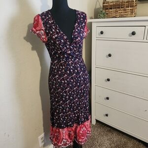 Floral V-Neck Dress with Pink Accents